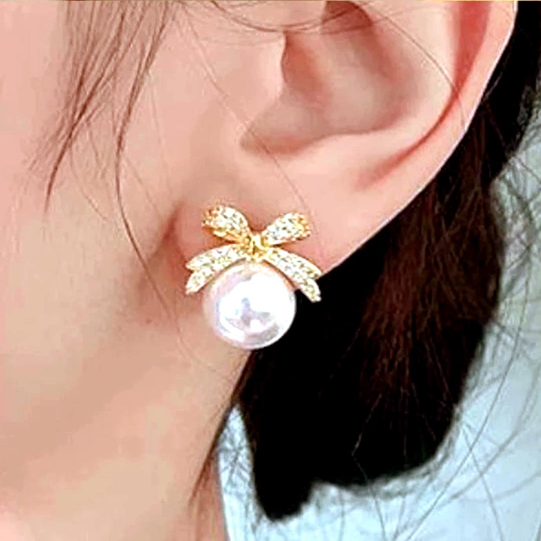 Gold Bow Pearl Stud Earrings for Women Elegant Party Wear