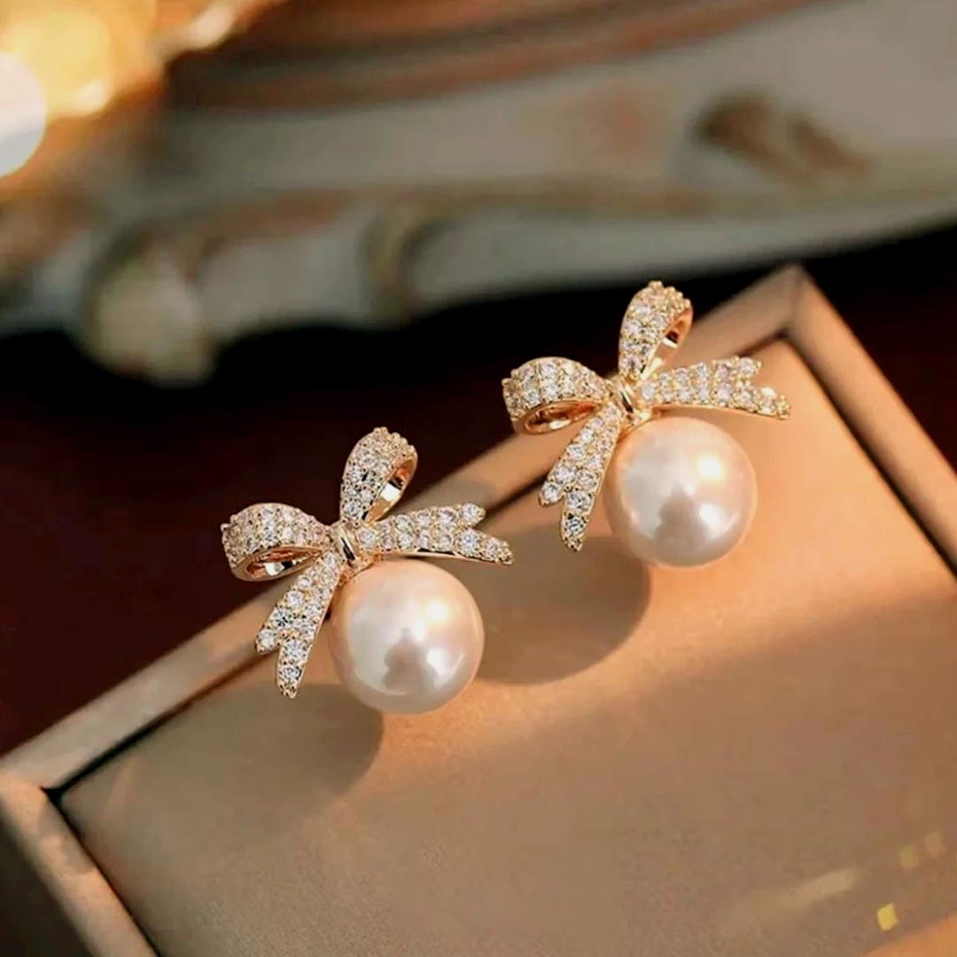 Gold Bow Pearl Stud Earrings for Women Elegant Party Wear
