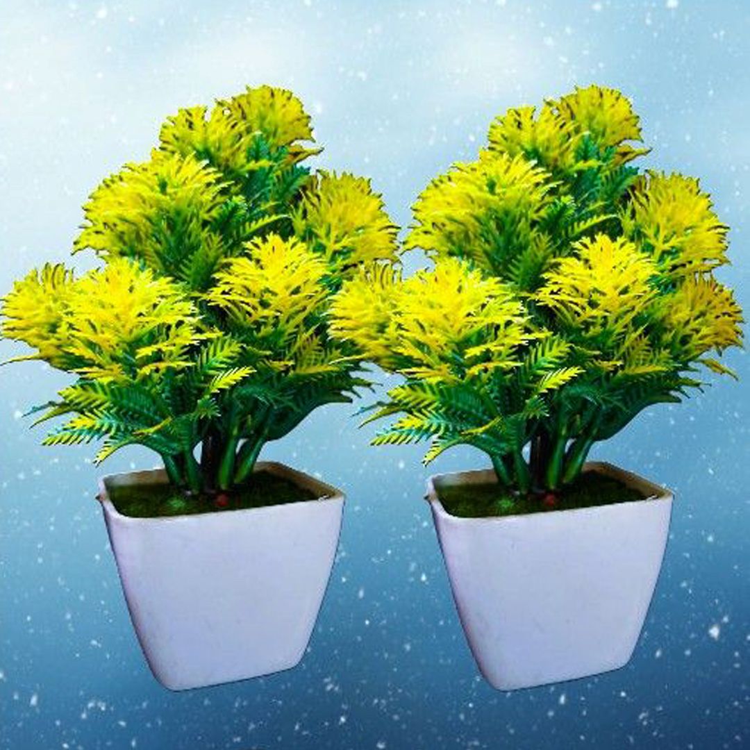 Premium Artificial Green & Yellow Decorative Plant with White Pot