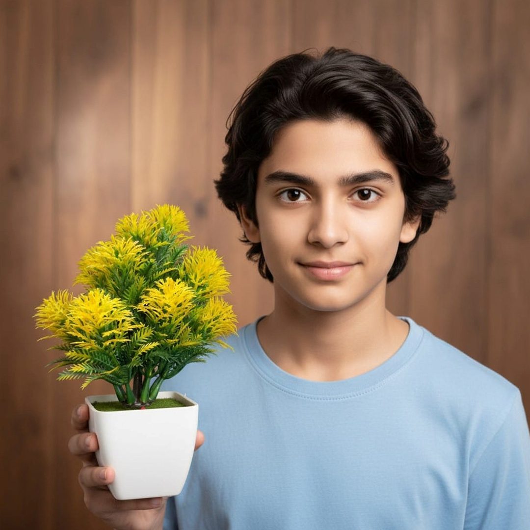 Premium Artificial Green & Yellow Decorative Plant with White Pot