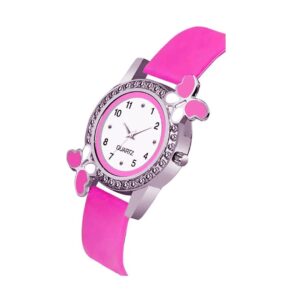 Girls Pink Quartz Wrist Watch with Butterfly Dial & Crystal Bracelet Set