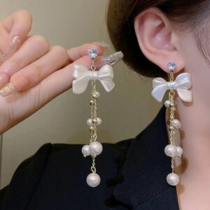 Korean Style Bow Pearl Dangle Earrings for Women