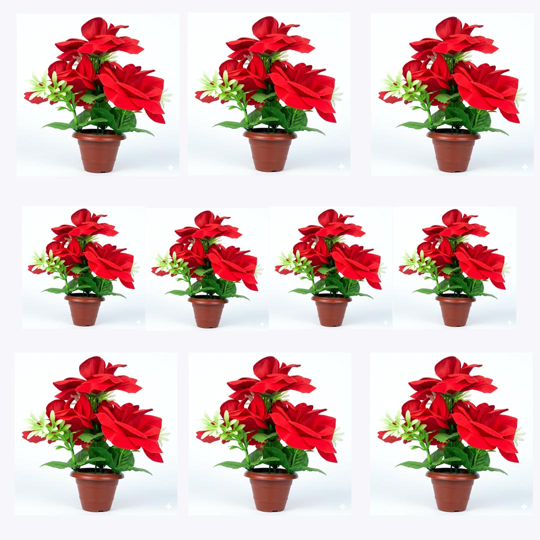 Artificial Red Rose Flower Plant with Pot for Home & Office Decor