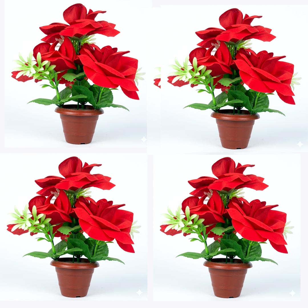 Artificial Red Rose Flower Plant with Pot for Home & Office Decor