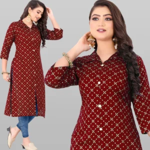 Women Maroon Printed Kurti with Collar Neck & 3/4 Sleeve Casual Wear