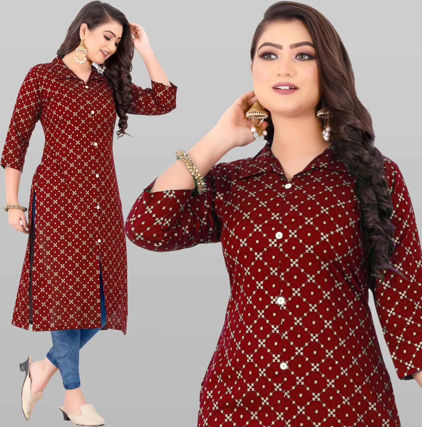 Women Maroon Printed Kurti with Collar Neck & 3/4 Sleeve Casual Wear